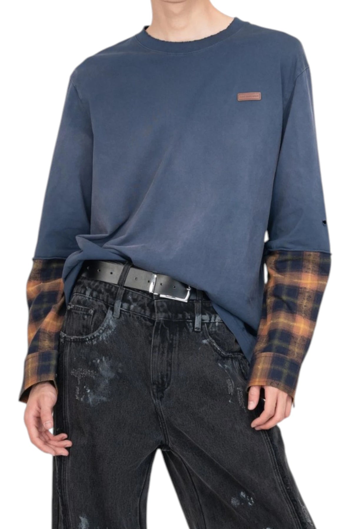 Feng Chen Wang Navy Gradient Washed Patchwrok Long-Sleeve T-Shirt