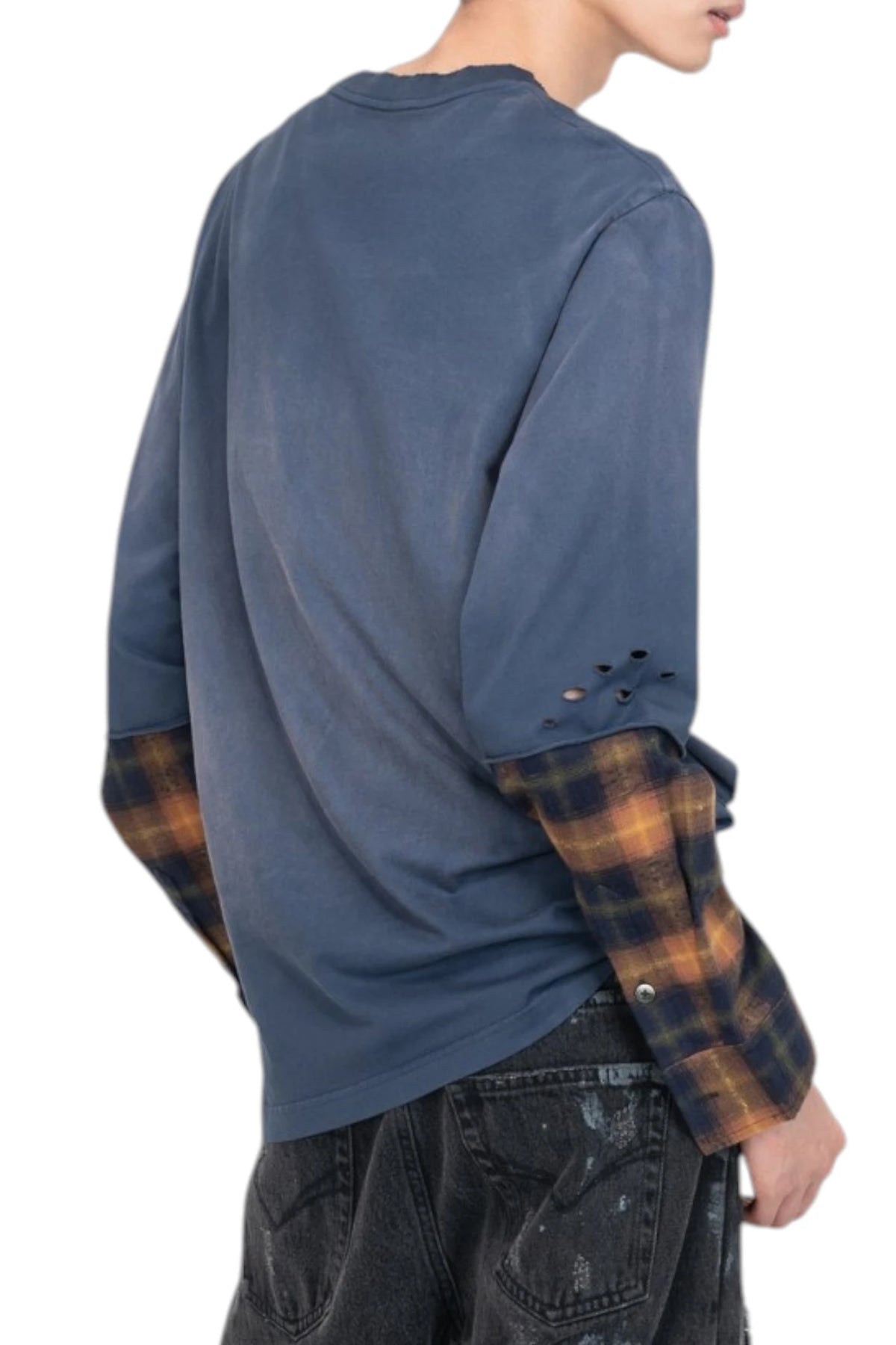 Feng Chen Wang Navy Gradient Washed Patchwrok Long-Sleeve T-Shirt
