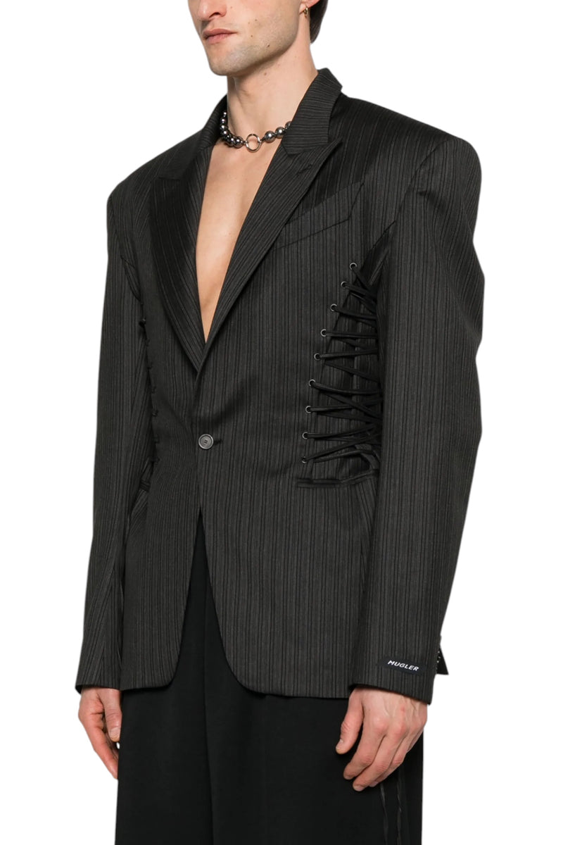 Mugler Pinstripe Laced Up Tailored Jacket