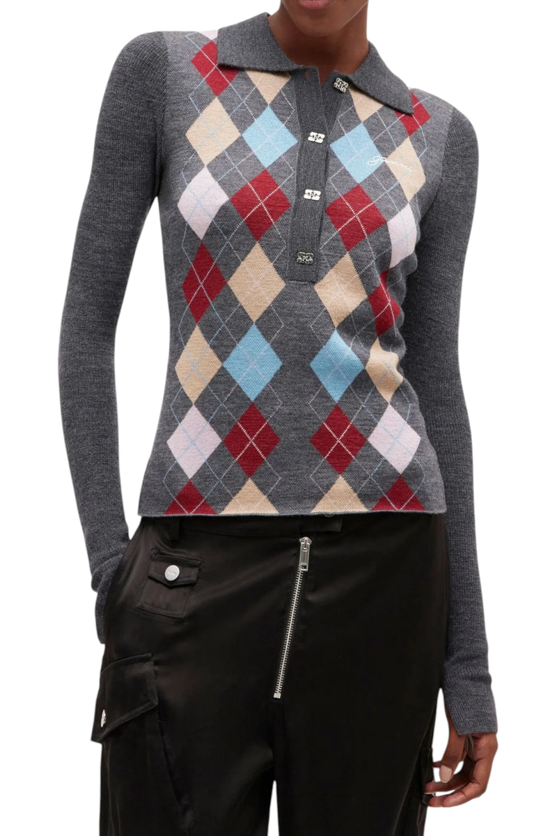 Ganni Fine Merino Jacquard Polo