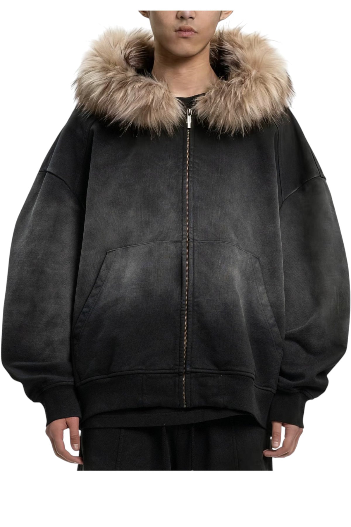 Feng Chen Wang Grey Washed Faux Fur-Trip Zip-Up Hoodie