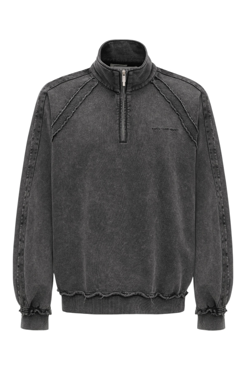 Feng Chen Wang Washed Stand Collar Top With Denim Trim