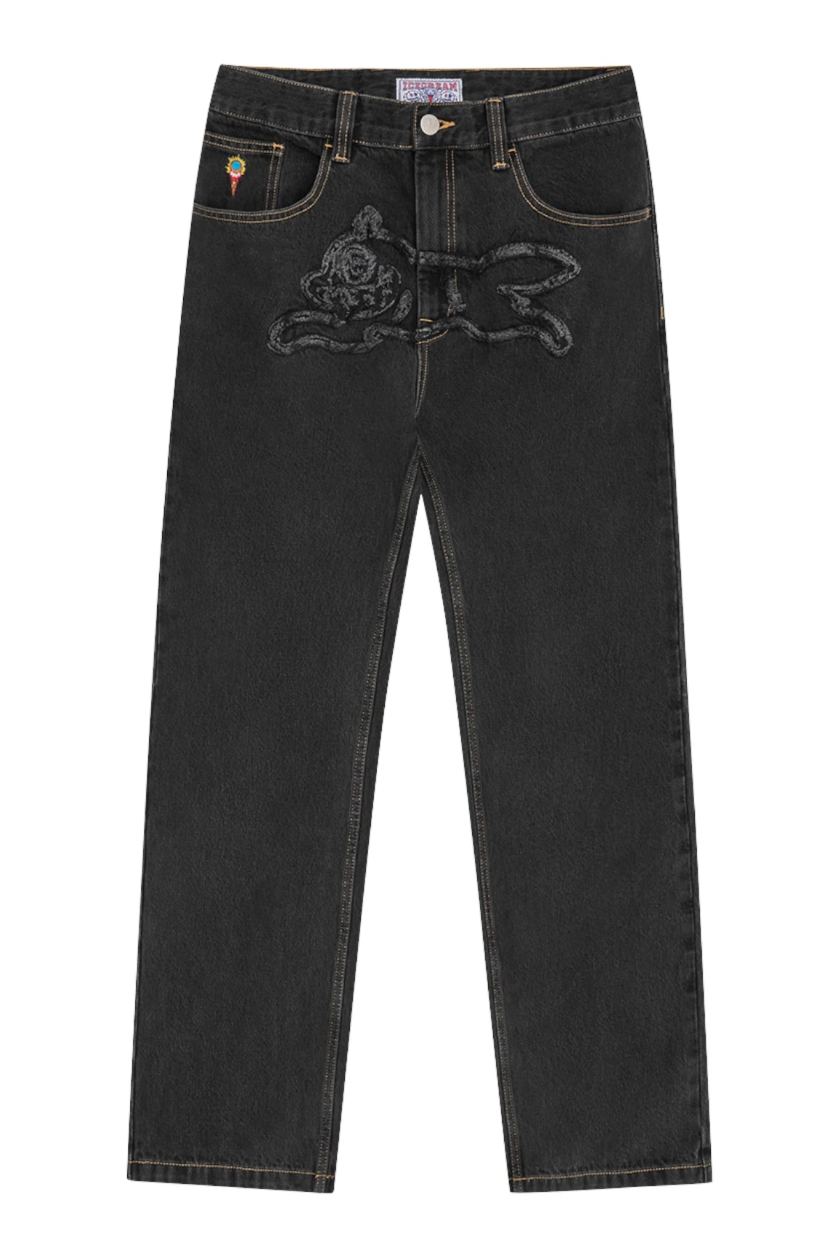 Icecream Applique Running Dog Double Scoop Denim Pants