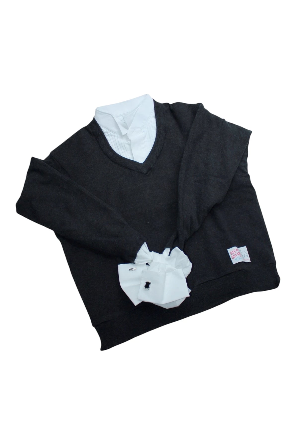 Oscar Ouyang Upcycled Shirt With Wool Jumper Bow Tie Strap Bag