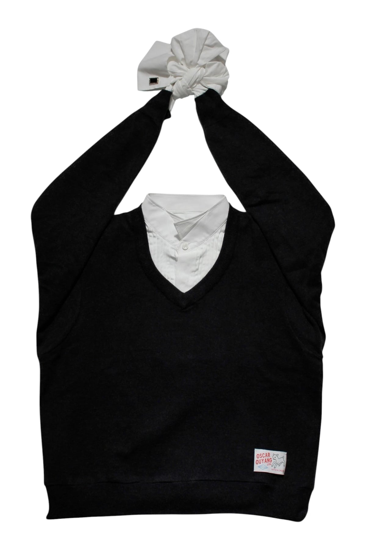 Oscar Ouyang Upcycled Shirt With Wool Jumper Bow Tie Strap Bag