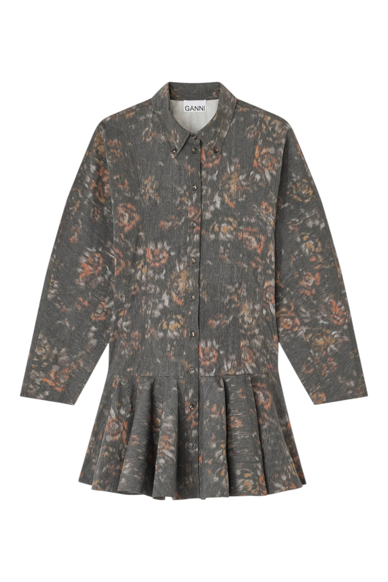 Ganni Printed Stretch Cotton Buttoned Mini Dress